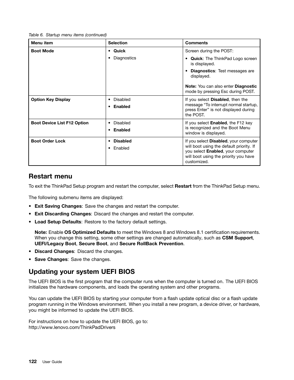 Restart menu, Updating your system uefi bios | Lenovo ThinkPad T540p User Manual | Page 138 / 186