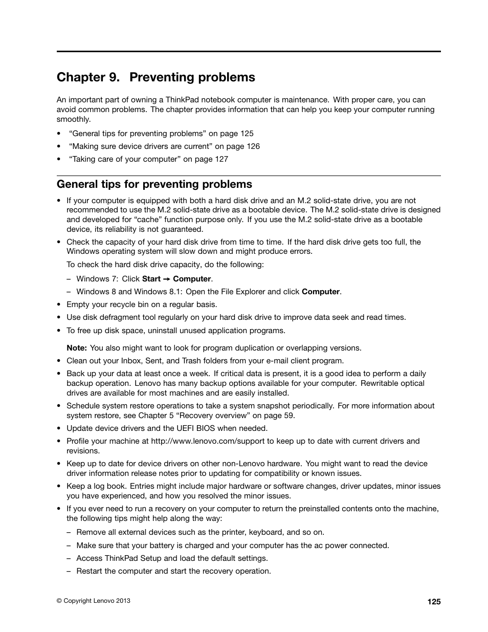 Chapter 9. preventing problems, General tips for preventing problems | Lenovo ThinkPad T540p User Manual | Page 141 / 186