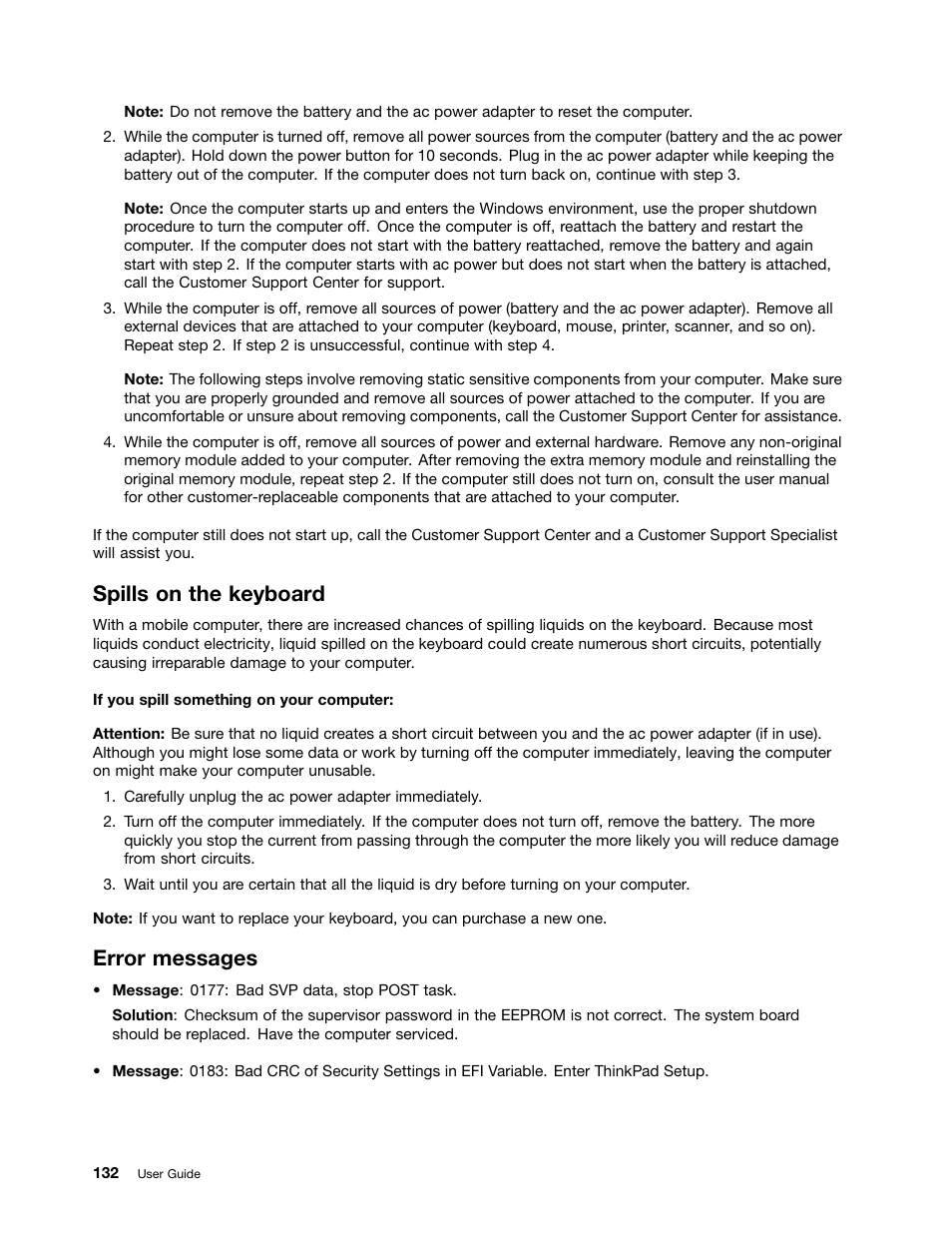 Spills on the keyboard, Error messages | Lenovo ThinkPad T540p User Manual | Page 148 / 186