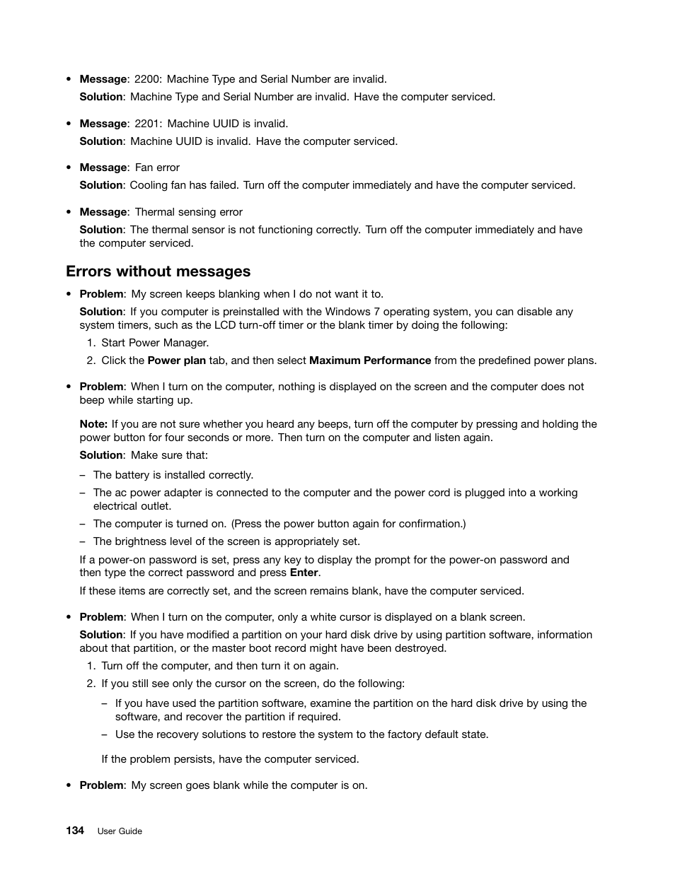Errors without messages | Lenovo ThinkPad T540p User Manual | Page 150 / 186