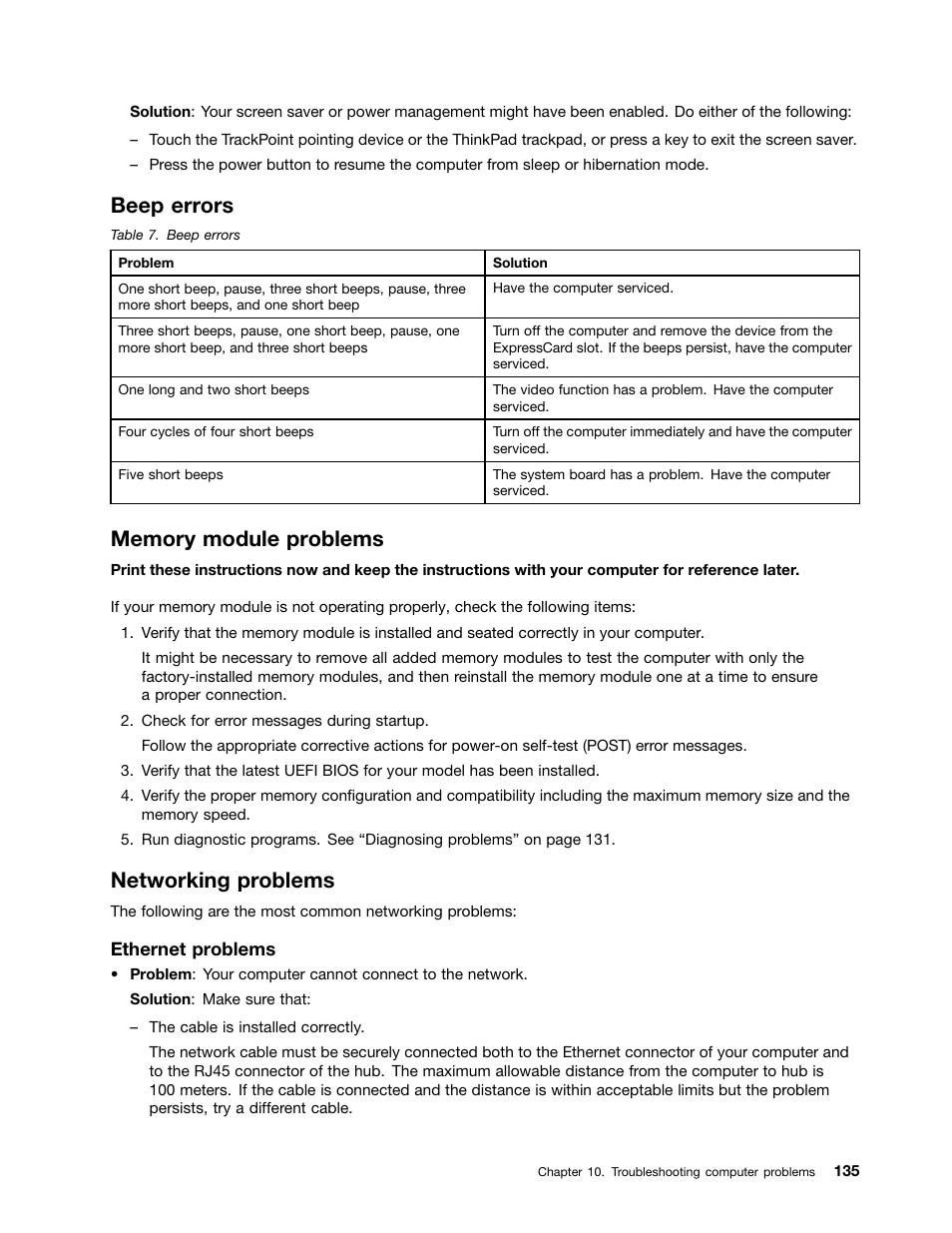 Beep errors, Memory module problems, Networking problems | Lenovo ThinkPad T540p User Manual | Page 151 / 186