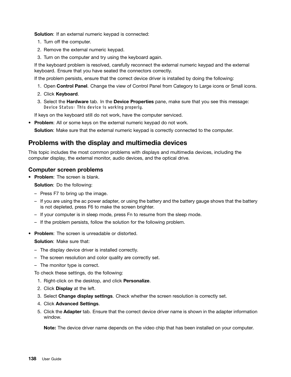 Problems with the display and multimedia devices | Lenovo ThinkPad T540p User Manual | Page 154 / 186