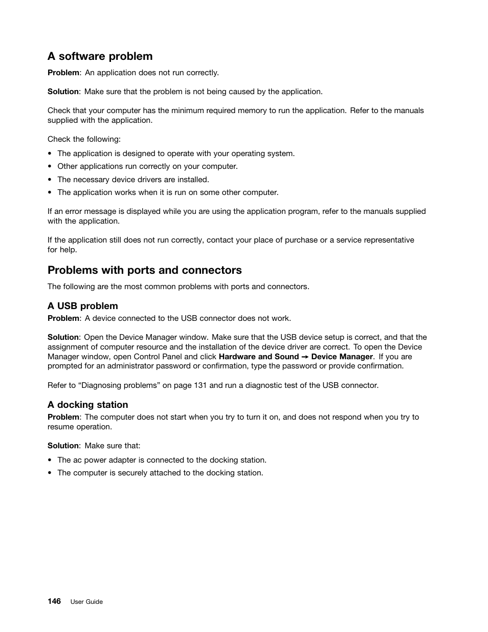 A software problem, Problems with ports and connectors | Lenovo ThinkPad T540p User Manual | Page 162 / 186