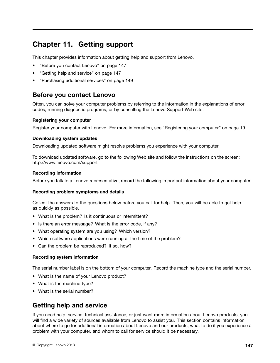 Chapter 11. getting support, Before you contact lenovo, Getting help and service | Lenovo ThinkPad T540p User Manual | Page 163 / 186