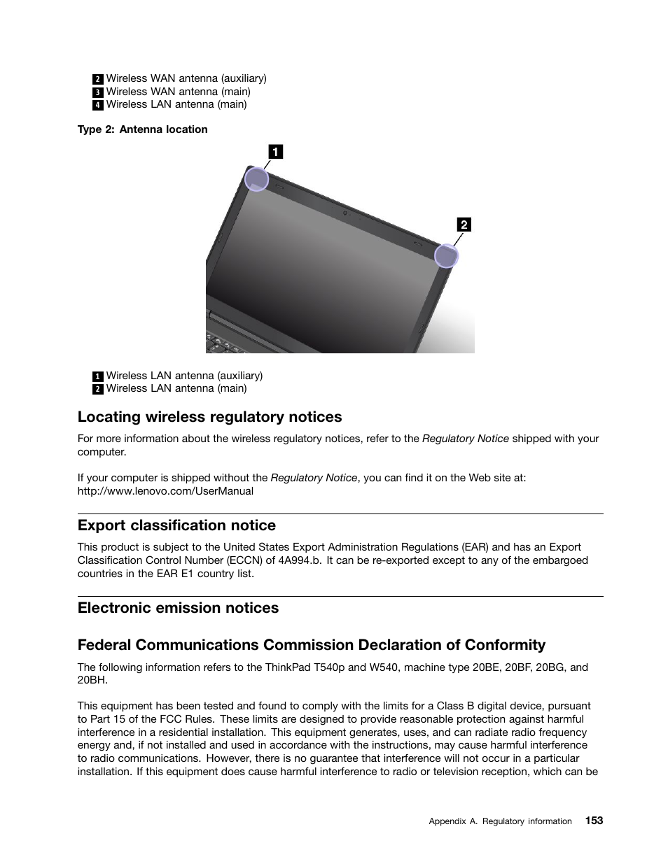 Locating wireless regulatory notices, Export classification notice, Electronic emission notices | Lenovo ThinkPad T540p User Manual | Page 169 / 186