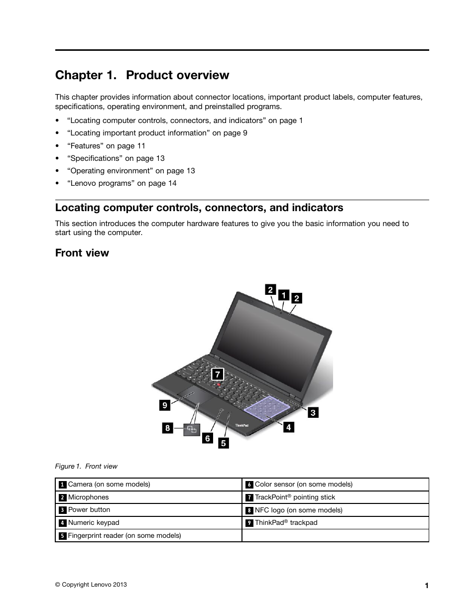 Chapter 1. product overview, Front view | Lenovo ThinkPad T540p User Manual | Page 17 / 186