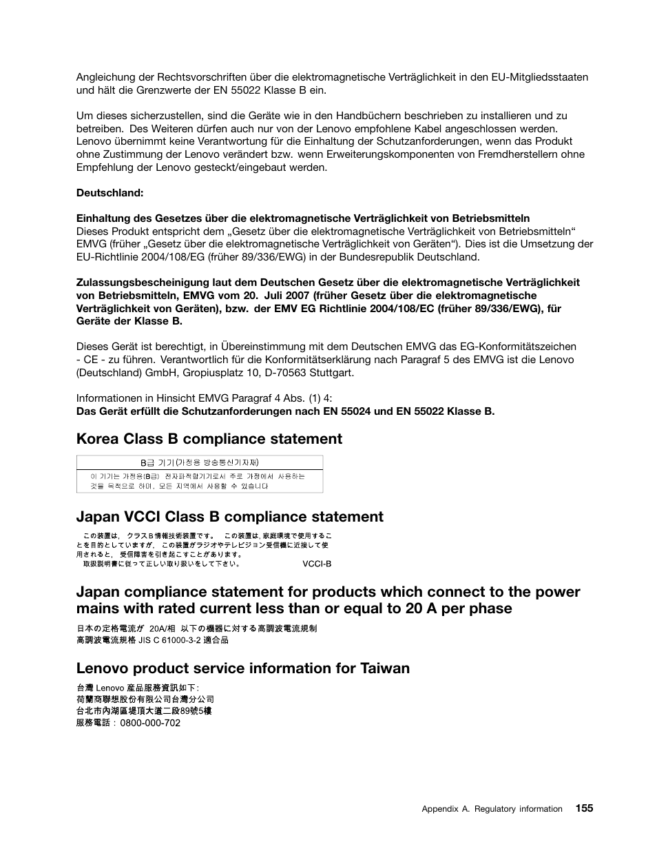 Korea class b compliance statement, Japan vcci class b compliance statement, Lenovo product service information for taiwan | Lenovo ThinkPad T540p User Manual | Page 171 / 186