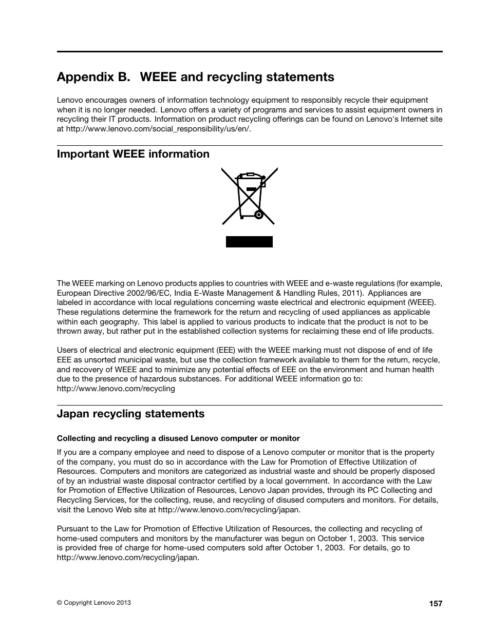 Appendix b. weee and recycling statements, Important weee information, Japan recycling statements | Lenovo ThinkPad T540p User Manual | Page 173 / 186