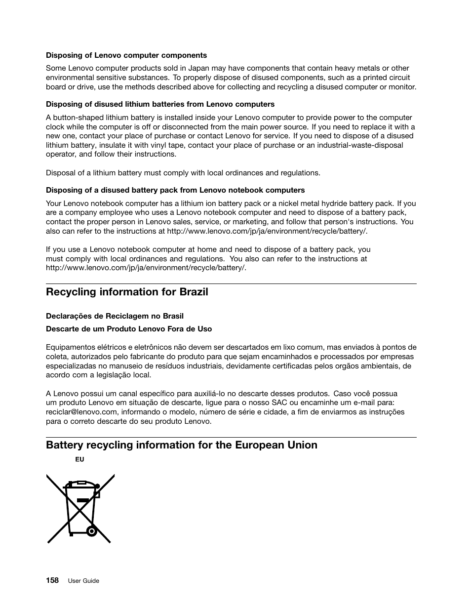 Recycling information for brazil | Lenovo ThinkPad T540p User Manual | Page 174 / 186