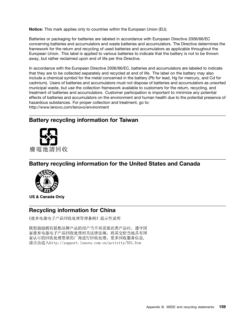 Battery recycling information for taiwan, Recycling information for china | Lenovo ThinkPad T540p User Manual | Page 175 / 186
