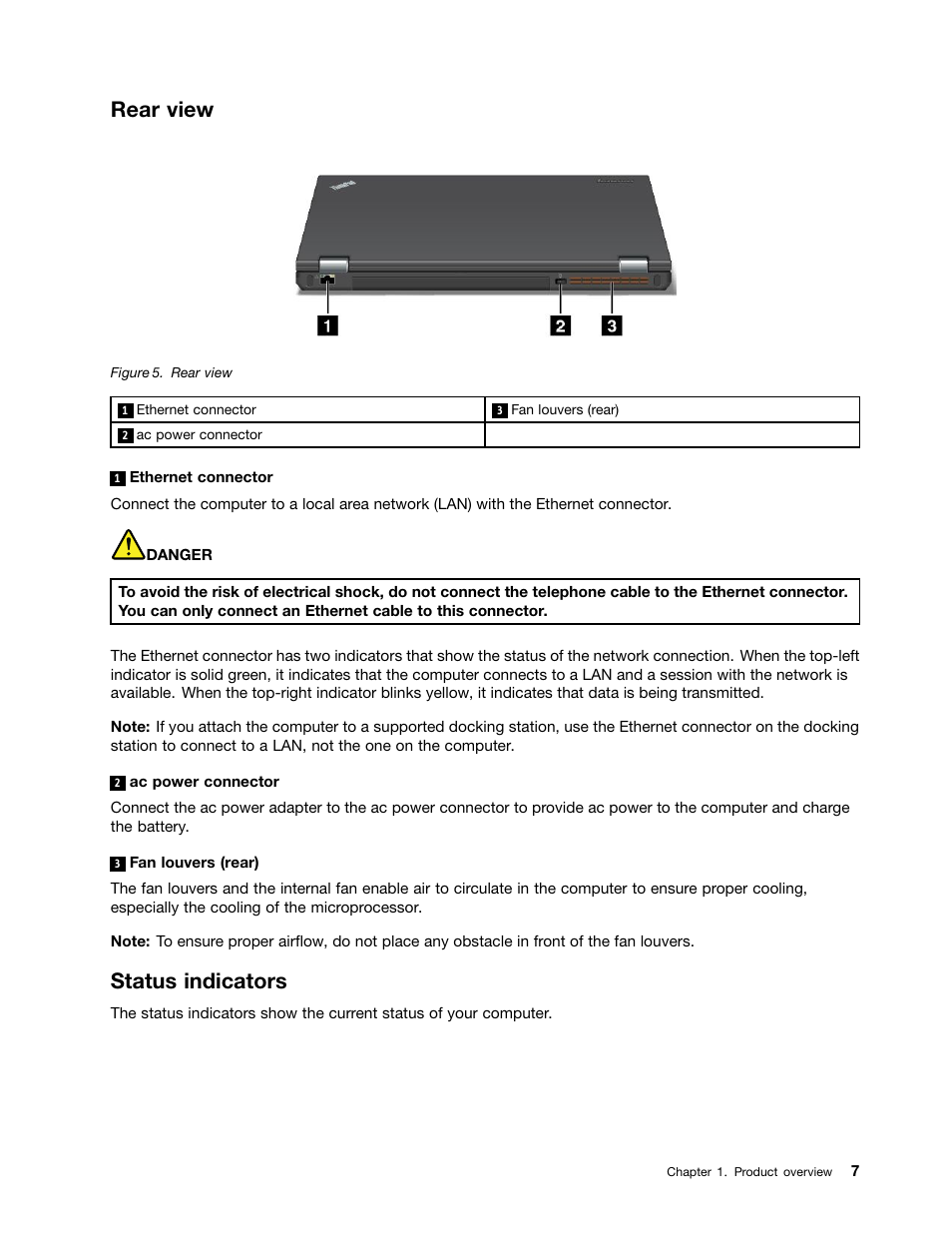 Rear view, Status indicators | Lenovo ThinkPad T540p User Manual | Page 23 / 186