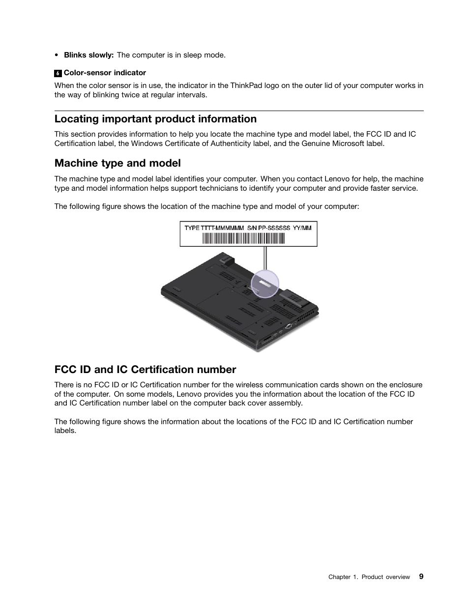 Locating important product information, Machine type and model, Fcc id and ic certification number | Lenovo ThinkPad T540p User Manual | Page 25 / 186