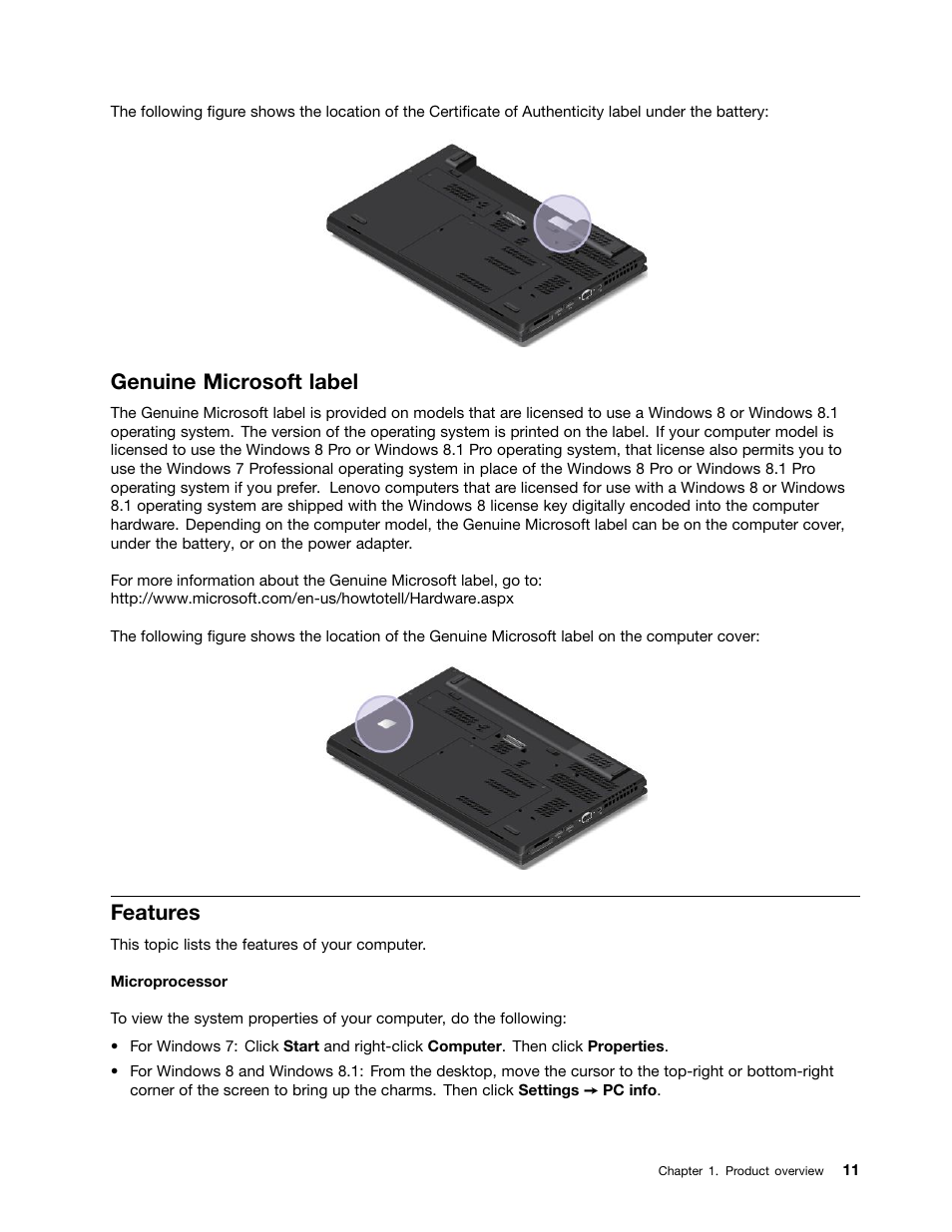 Genuine microsoft label, Features | Lenovo ThinkPad T540p User Manual | Page 27 / 186