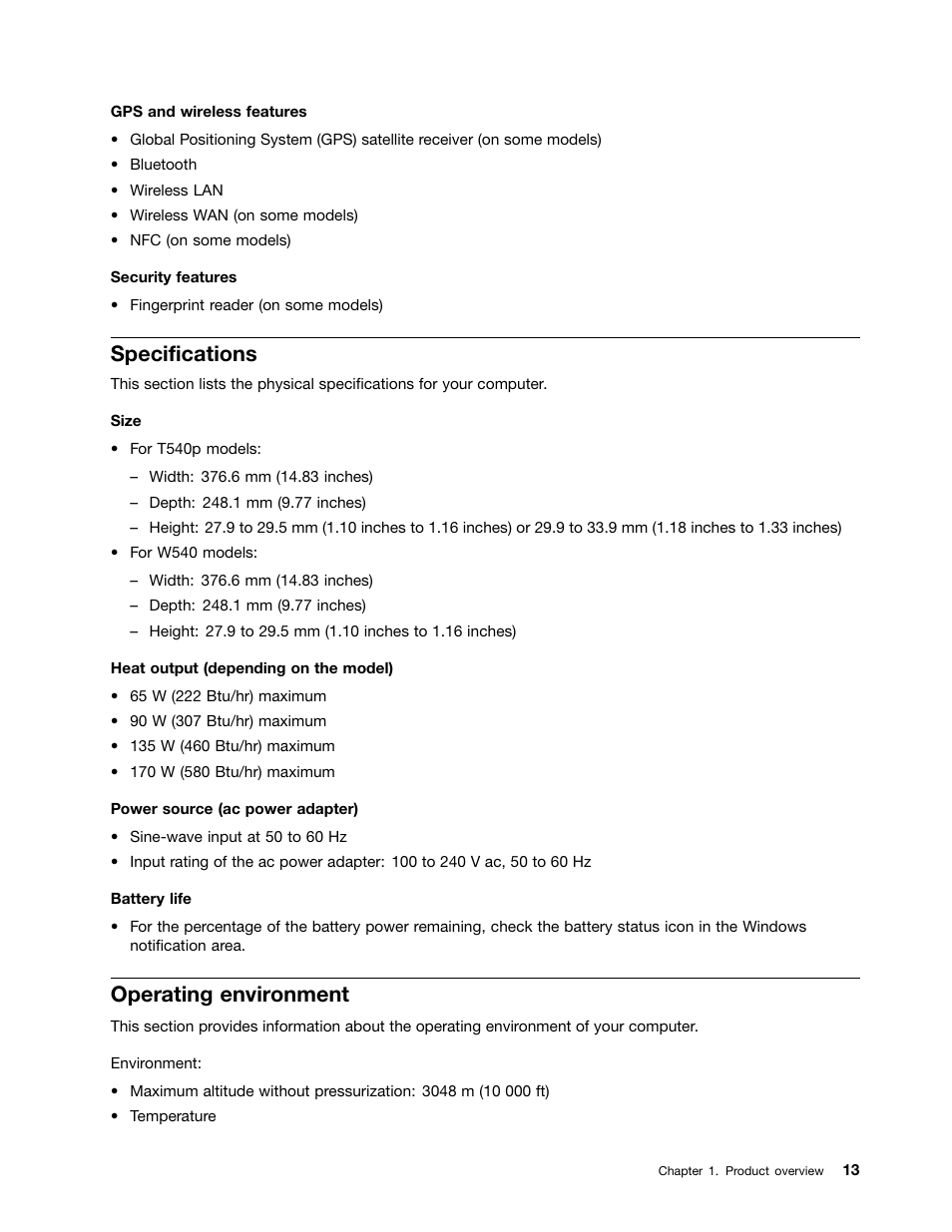 Specifications, Operating environment | Lenovo ThinkPad T540p User Manual | Page 29 / 186