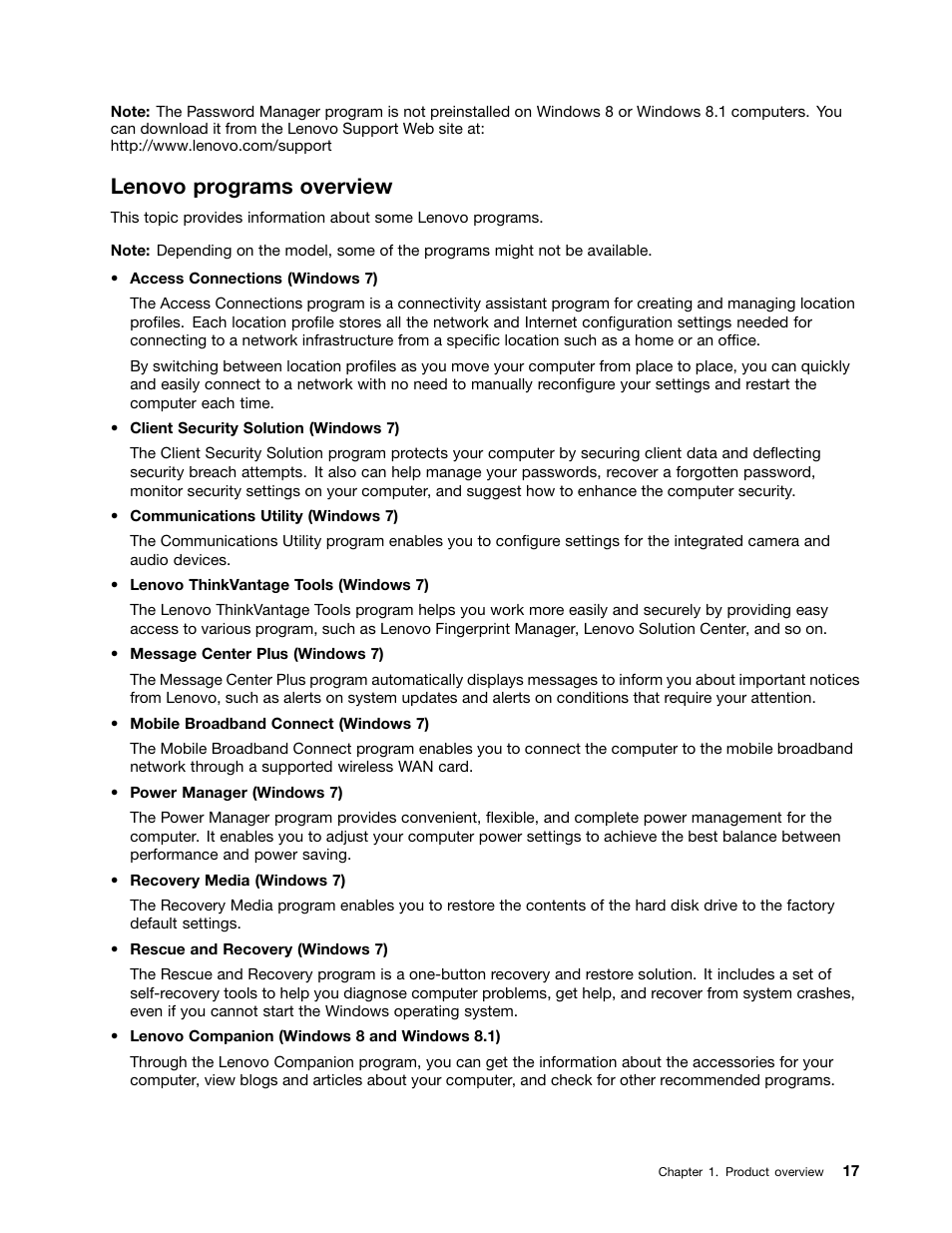 Lenovo programs overview | Lenovo ThinkPad T540p User Manual | Page 33 / 186