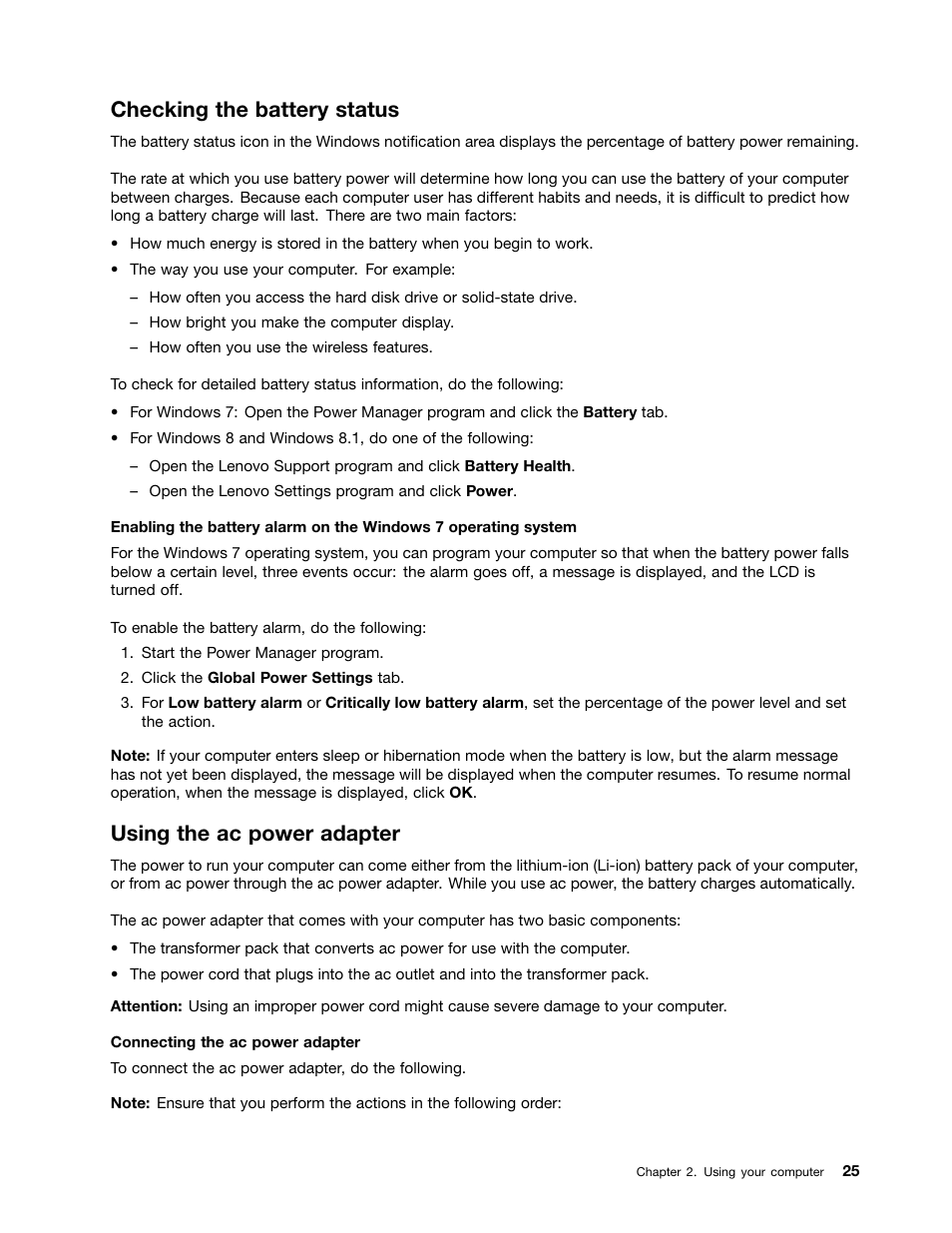Checking the battery status, Using the ac power adapter | Lenovo ThinkPad T540p User Manual | Page 41 / 186