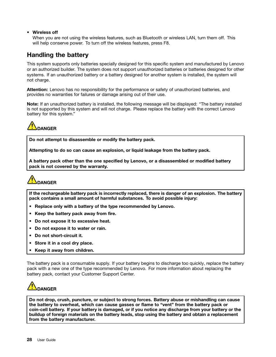 Handling the battery | Lenovo ThinkPad T540p User Manual | Page 44 / 186