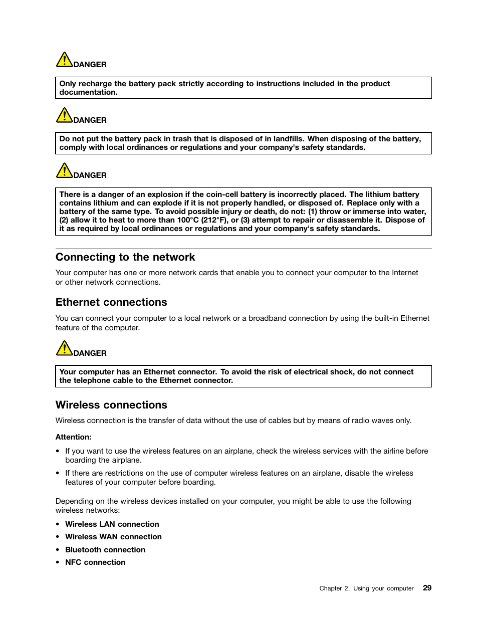 Connecting to the network, Ethernet connections, Wireless connections | Wireless connections” on | Lenovo ThinkPad T540p User Manual | Page 45 / 186