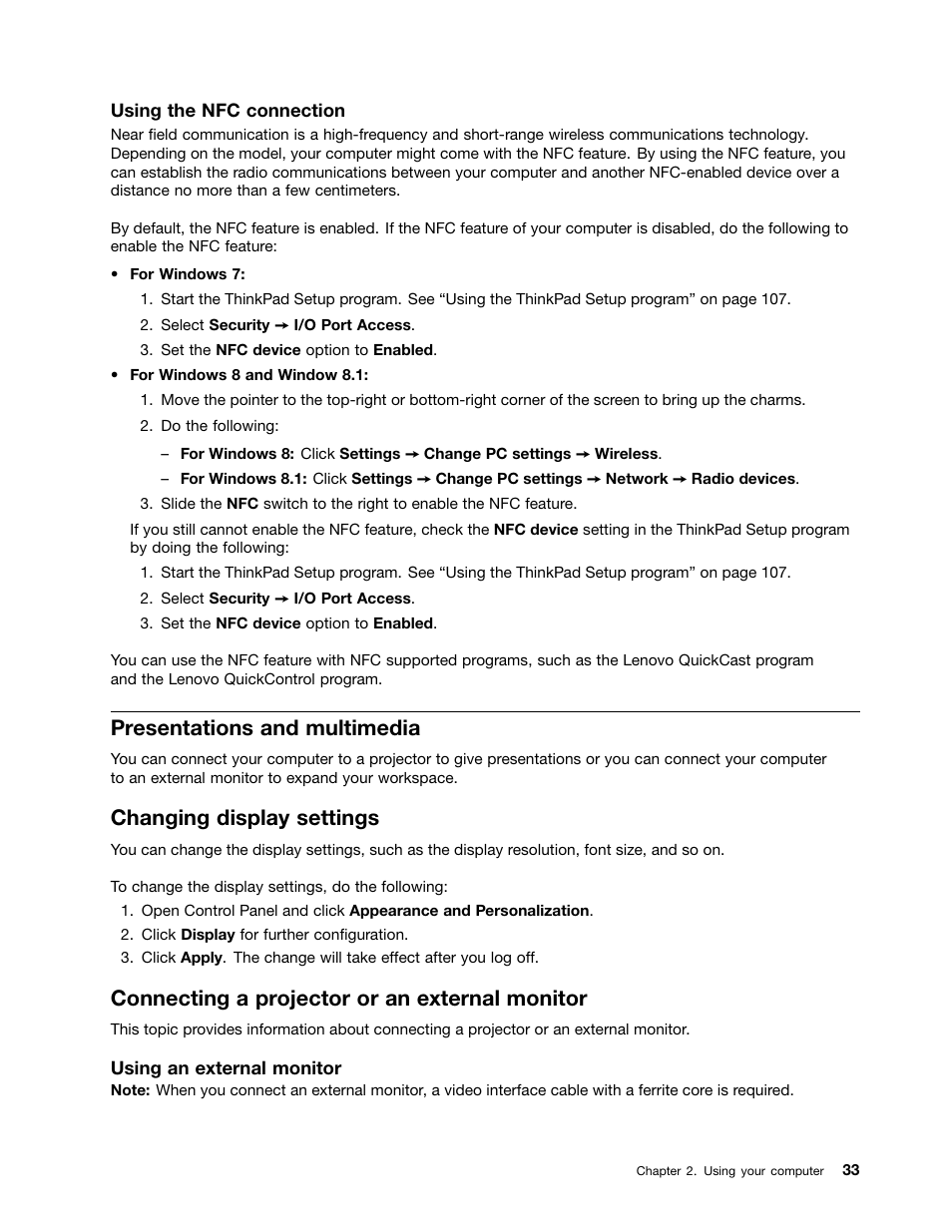 Presentations and multimedia, Changing display settings, Connecting a projector or an external monitor | Lenovo ThinkPad T540p User Manual | Page 49 / 186