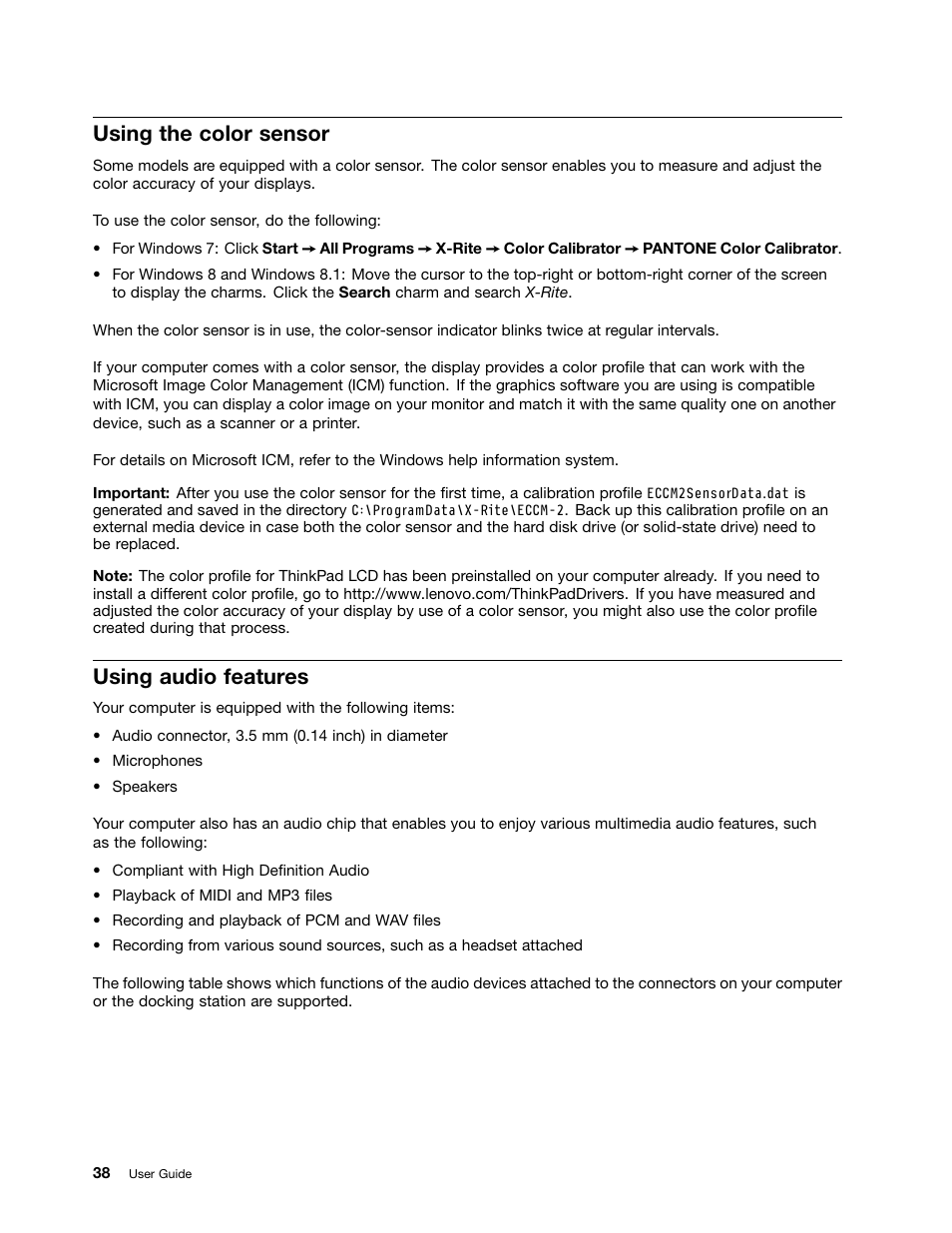 Using the color sensor, Using audio features, Using | Lenovo ThinkPad T540p User Manual | Page 54 / 186