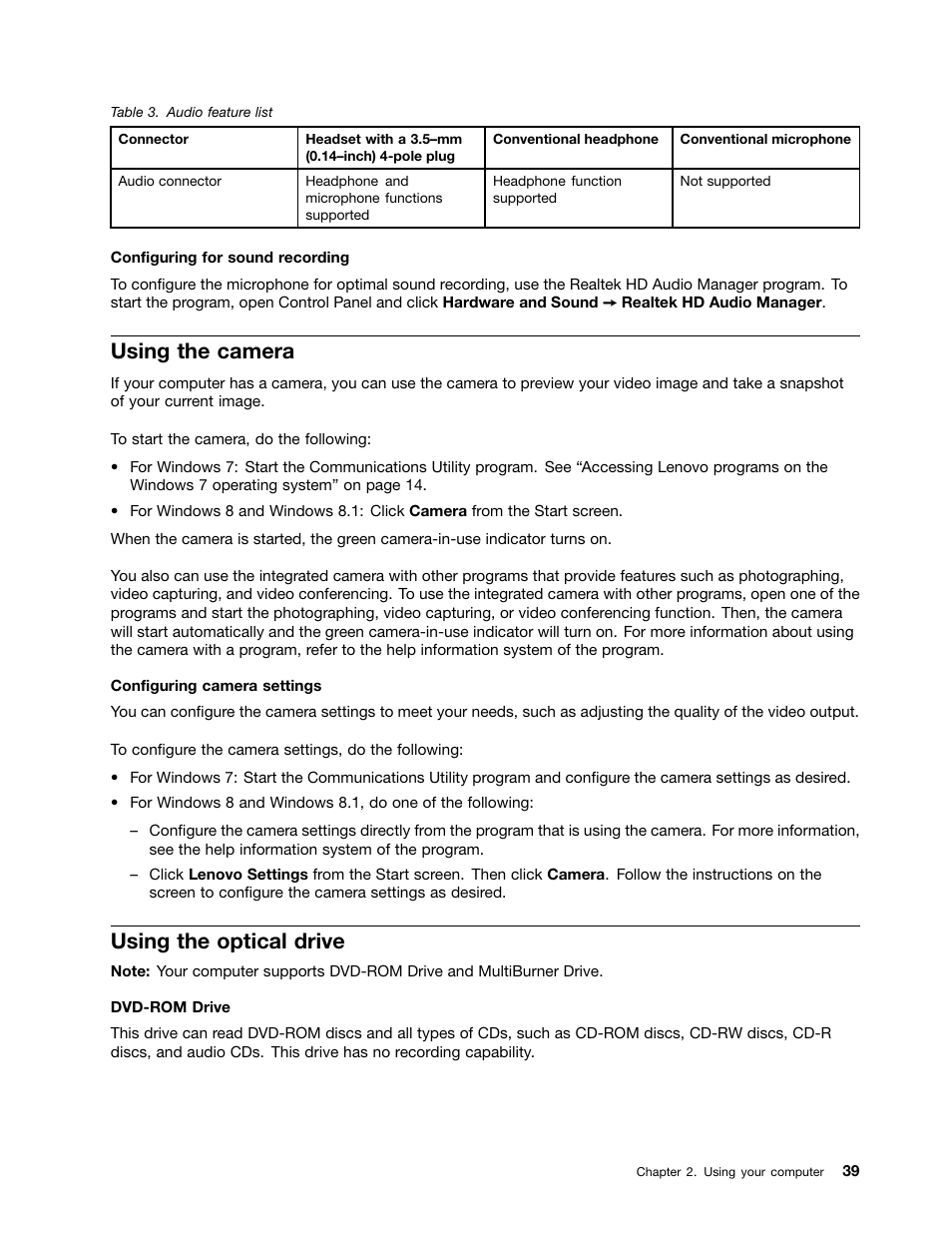 Using the camera, Using the optical drive | Lenovo ThinkPad T540p User Manual | Page 55 / 186
