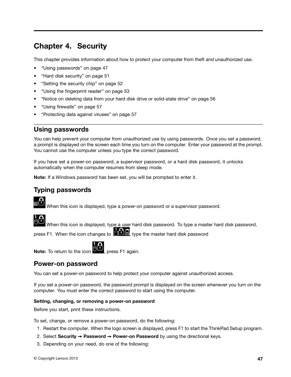 Chapter 4. security, Using passwords, Typing passwords | Power-on password | Lenovo ThinkPad T540p User Manual | Page 63 / 186