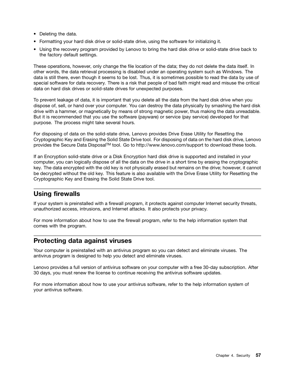 Using firewalls, Protecting data against viruses | Lenovo ThinkPad T540p User Manual | Page 73 / 186