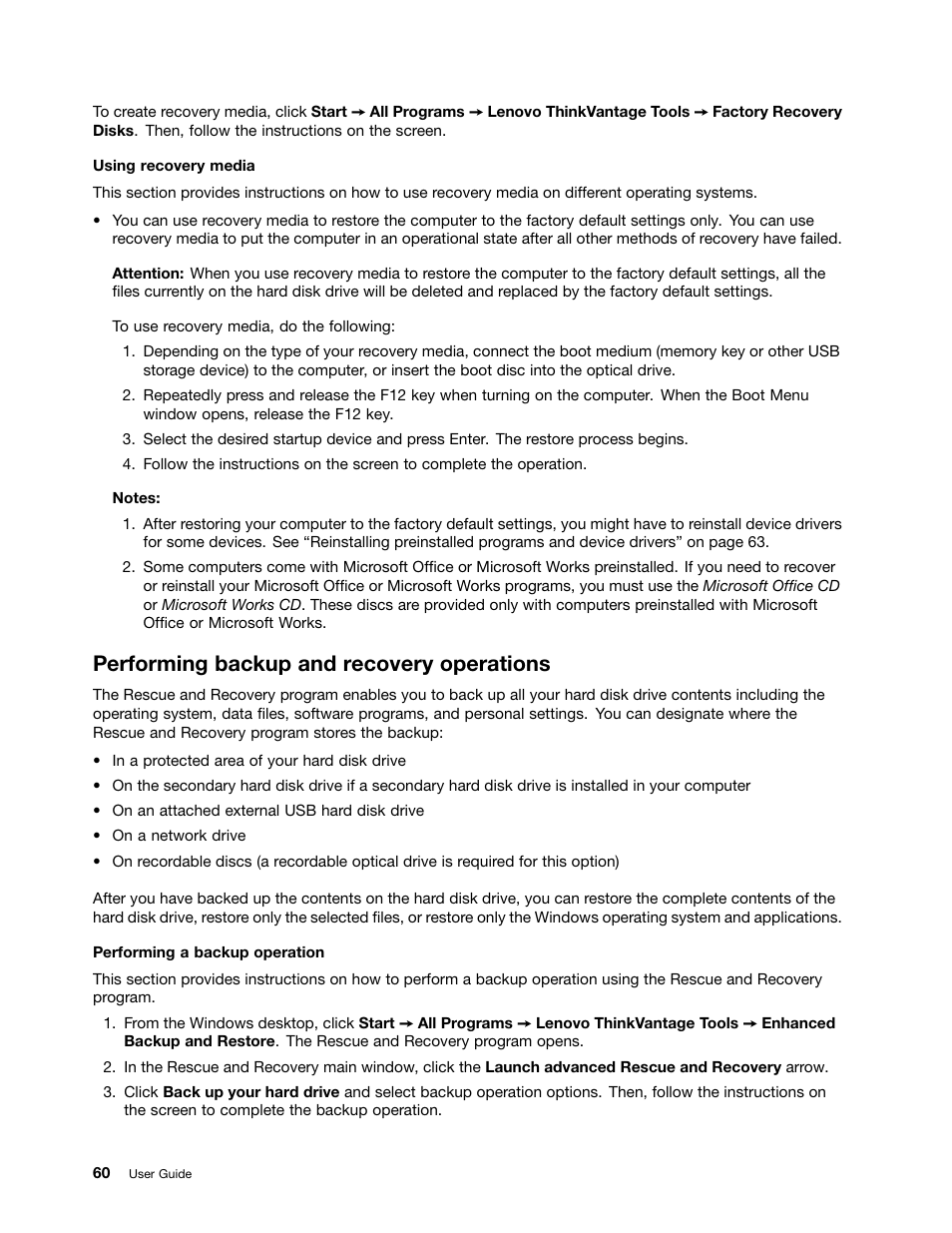 Performing backup and recovery operations | Lenovo ThinkPad T540p User Manual | Page 76 / 186