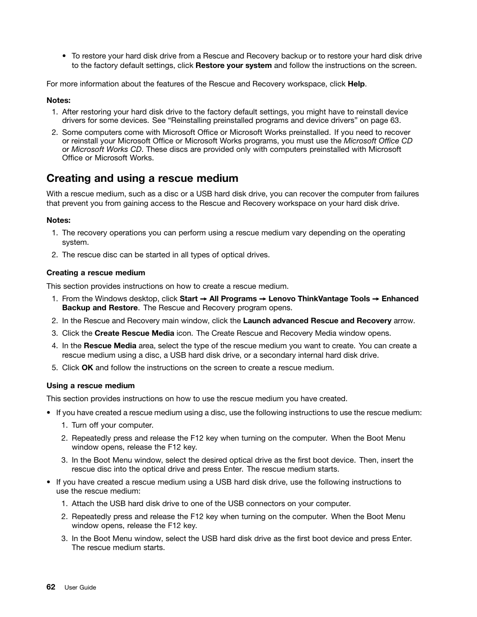 Creating and using a rescue medium | Lenovo ThinkPad T540p User Manual | Page 78 / 186