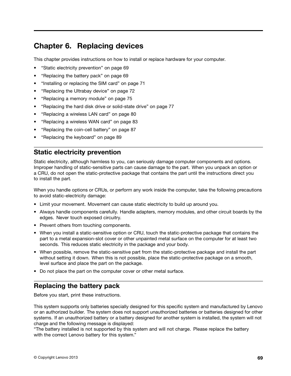 Chapter 6. replacing devices, Static electricity prevention, Replacing the battery pack | Lenovo ThinkPad T540p User Manual | Page 85 / 186