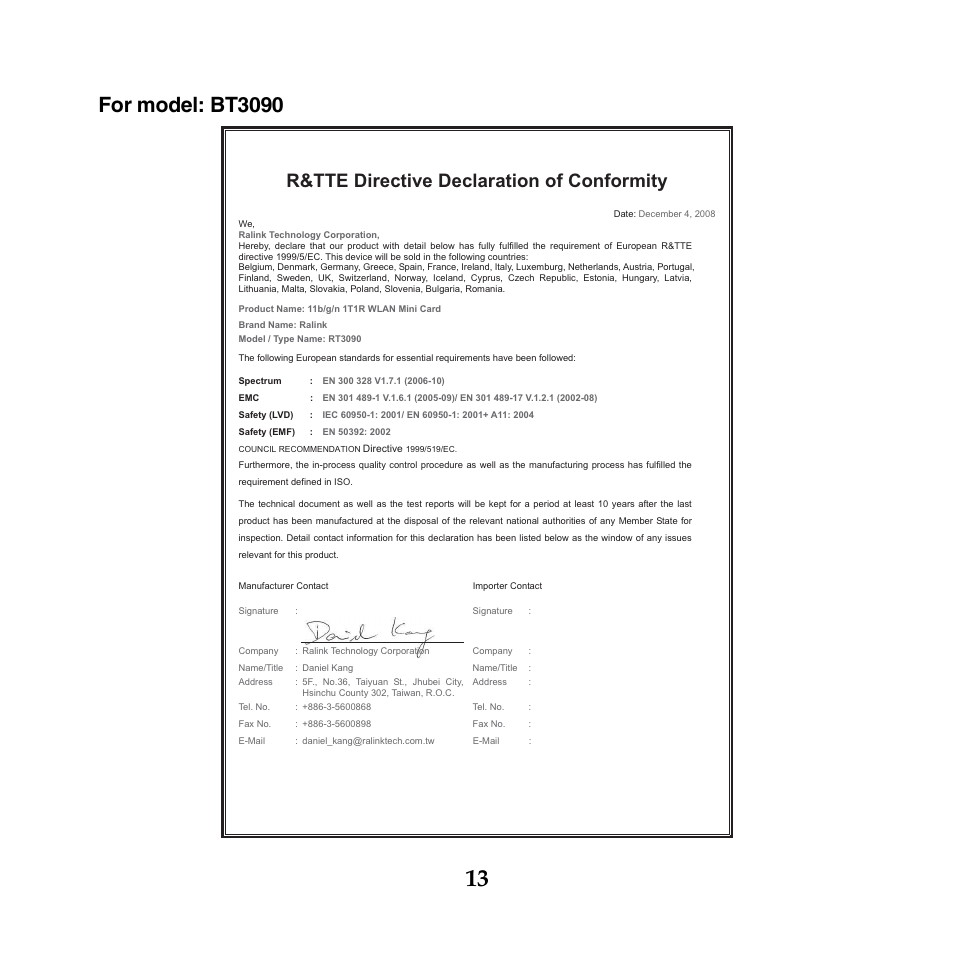 For model: bt3090, R&tte directive declaration of conformity | Lenovo IdeaPad S10-3c User Manual | Page 13 / 16
