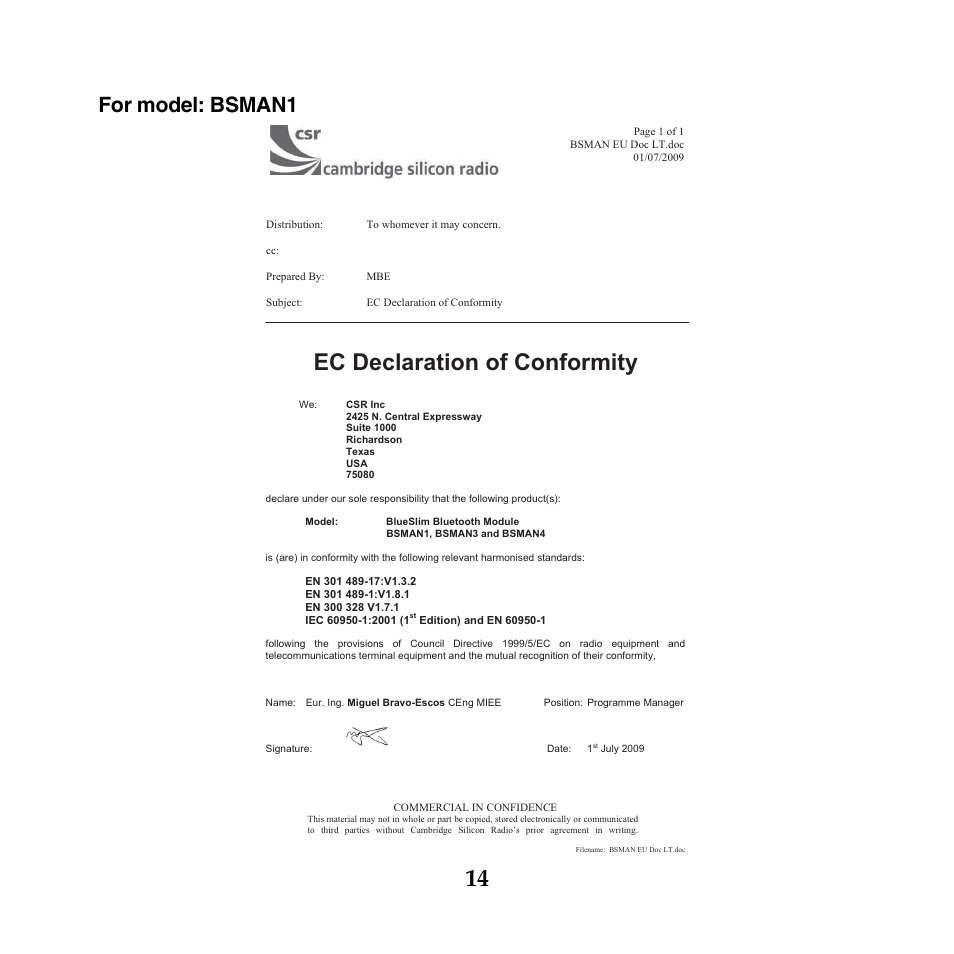 Ec declaration of conformity, For model: bsman1 | Lenovo IdeaPad S10-3c User Manual | Page 14 / 16