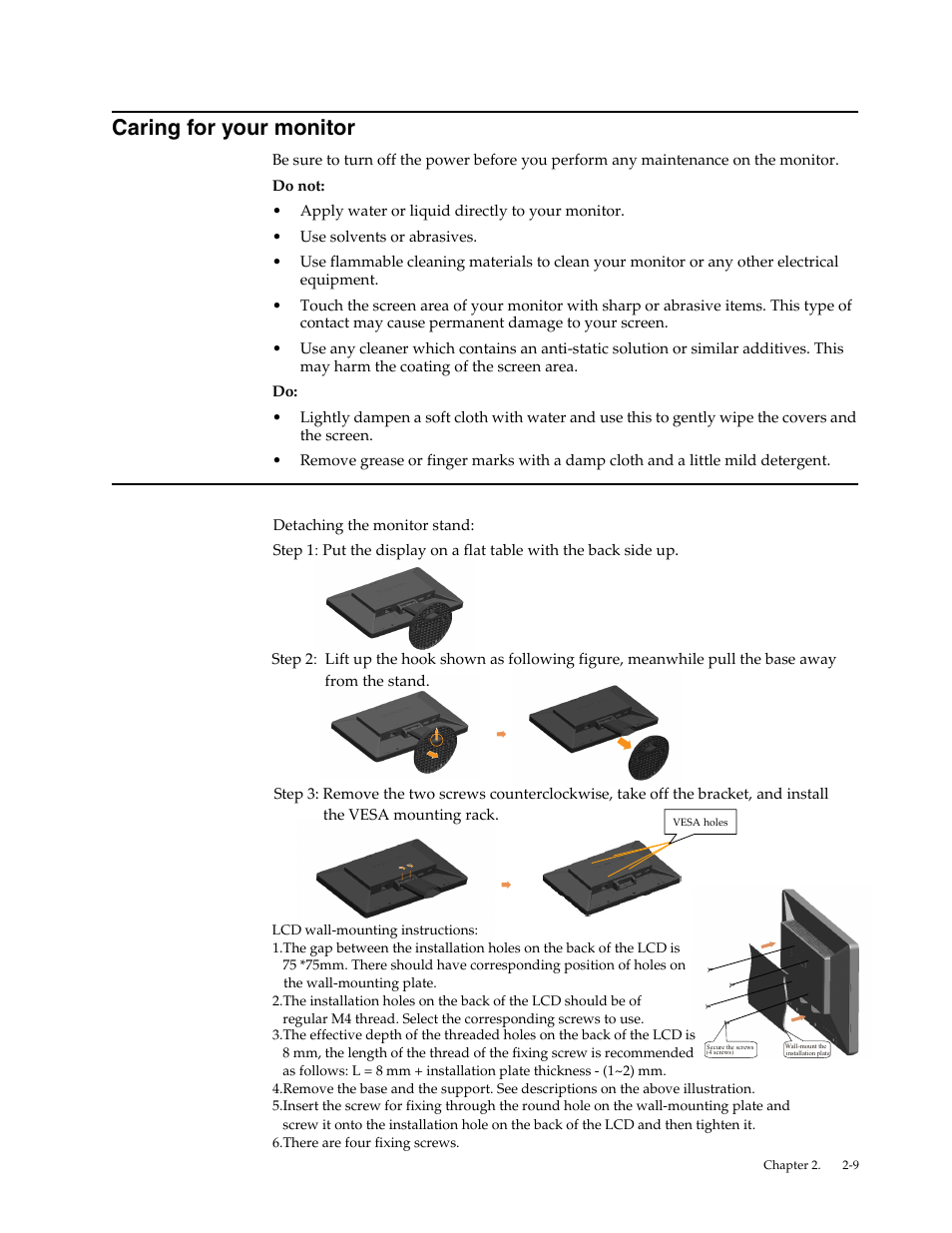 Caring for your monitor, Preparing the monitor for wall-mounting, Preparing the monitor for wall-mounting -9 | Lenovo LI1920 Wide Monitor User Manual | Page 17 / 26