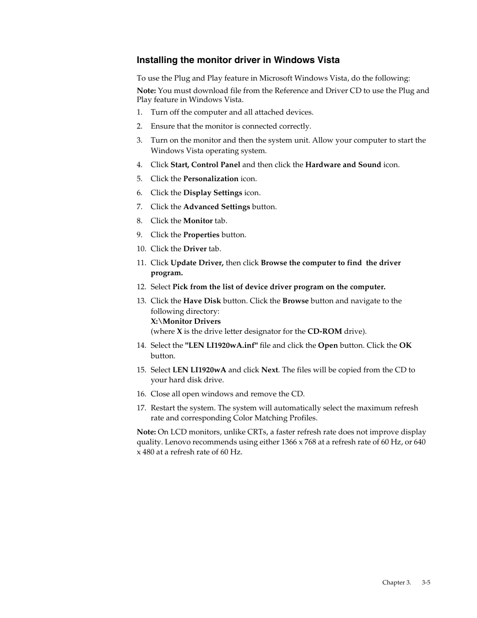 Installing the monitor driver in windows vista | Lenovo LI1920 Wide Monitor User Manual | Page 22 / 26