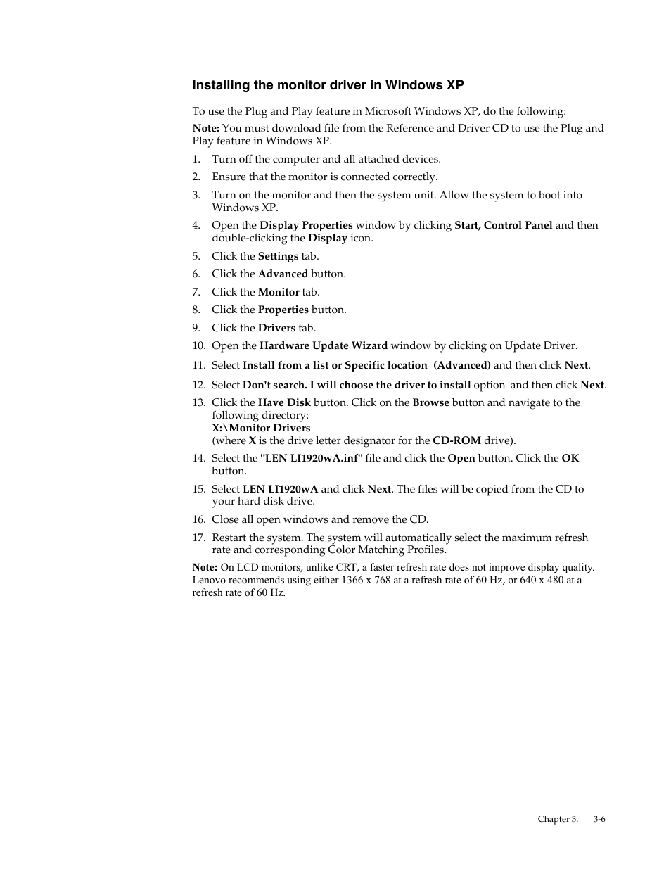 Installing the monitor driver in windows xp | Lenovo LI1920 Wide Monitor User Manual | Page 23 / 26