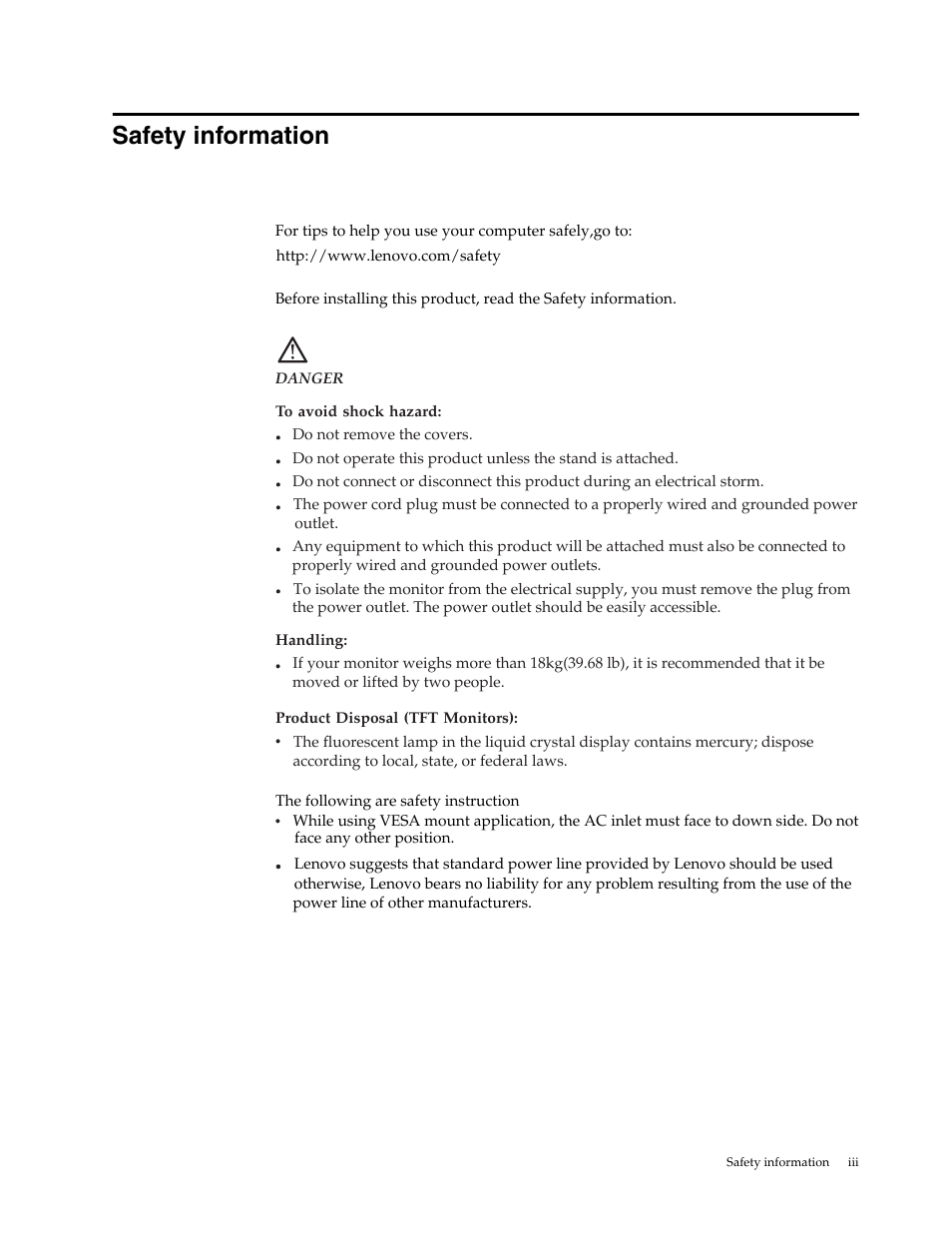 Safety information, General safety guidelines | Lenovo LI1920 Wide Monitor User Manual | Page 3 / 26