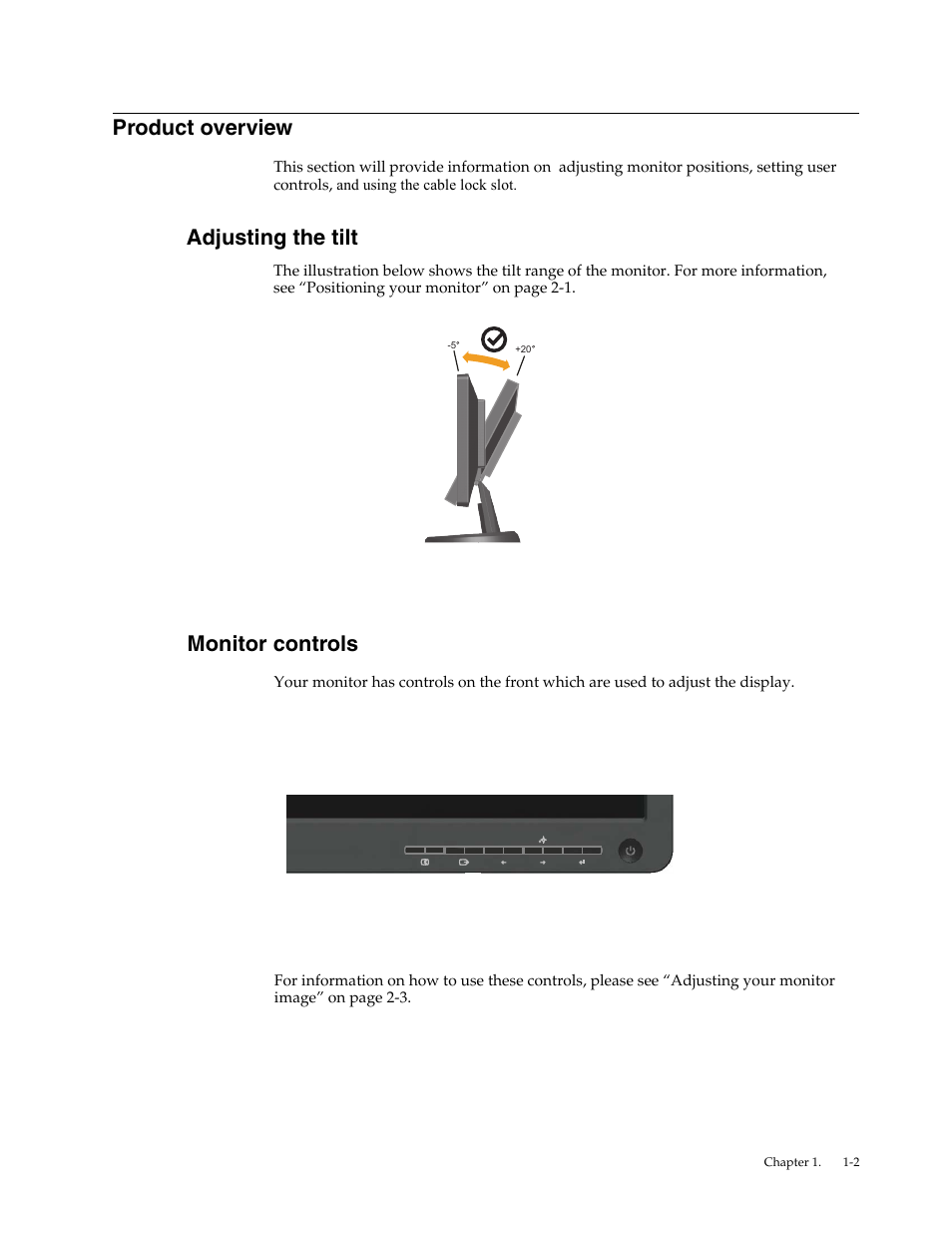 Product overview, Adjusting the tilt, Monitor controls | Lenovo LI1920 Wide Monitor User Manual | Page 5 / 26