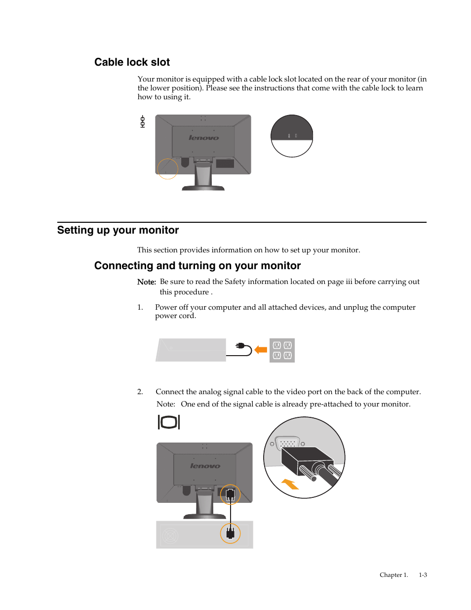 Cable lock slot, Setting up your monitor, Connecting and turning on your monitor | Cable lock slot setting up your monitor | Lenovo LI1920 Wide Monitor User Manual | Page 6 / 26