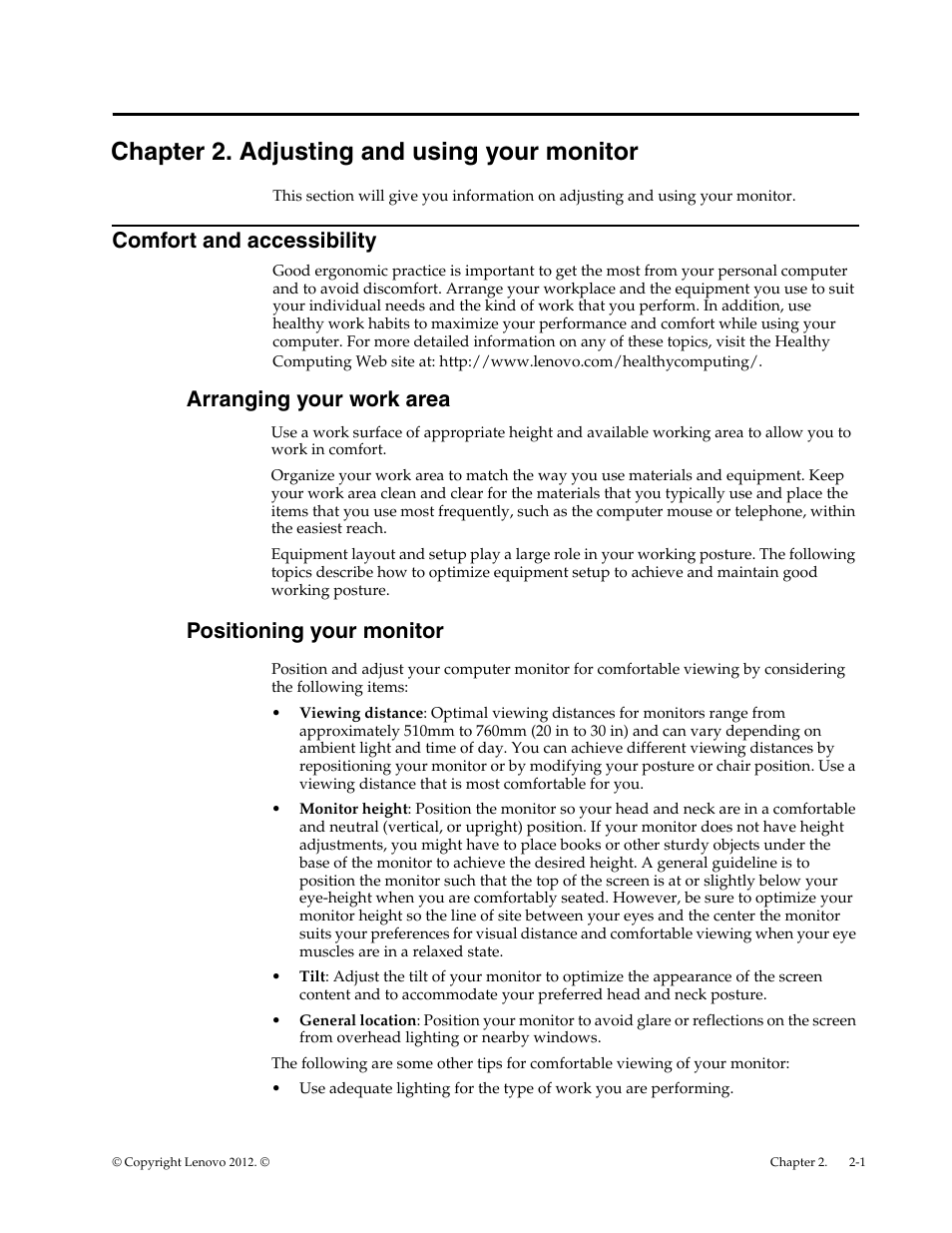 Chapter 2. adjusting and using your monitor, Comfort and accessibility, Arranging your work area | Positioning your monitor | Lenovo LI1920 Wide Monitor User Manual | Page 9 / 26