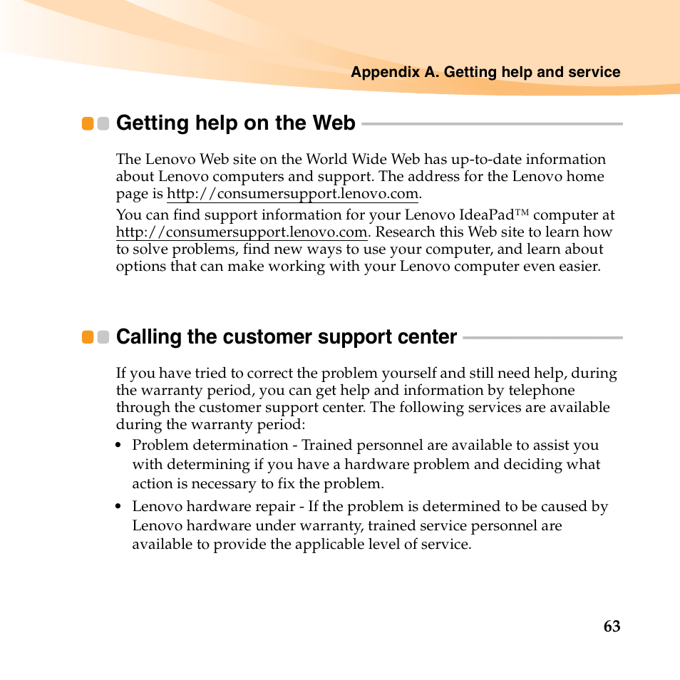 Getting help on the web, Calling the customer support center | Lenovo IdeaPad U150 User Manual | Page 77 / 140