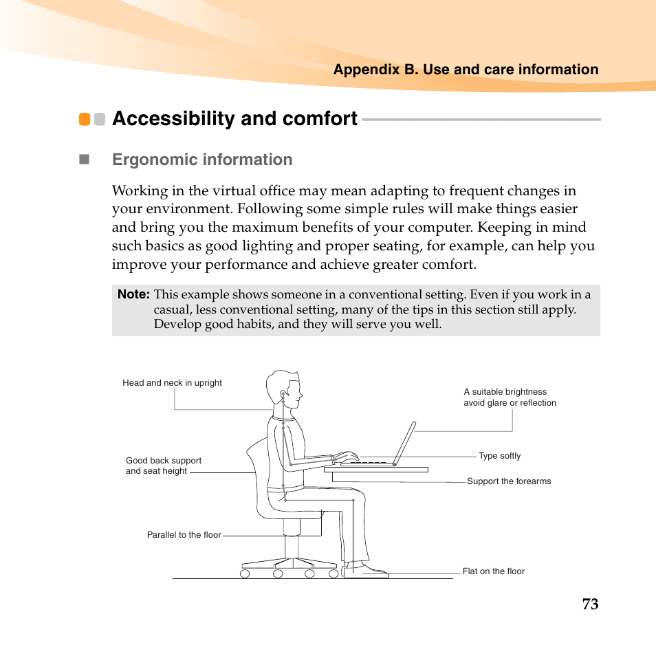 Accessibility and comfort, Ergonomic information | Lenovo IdeaPad U150 User Manual | Page 87 / 140