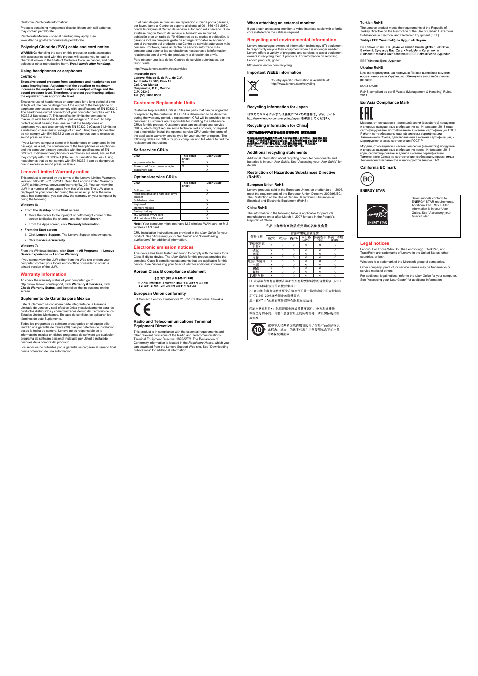 Polyvinyl chloride (pvc) cable and cord notice, Using headphones or earphones, Lenovo limited warranty notice | Warranty information, Suplemento de garantía para méxico, Customer replaceable units, Self-service crus, Optional-service crus, Electronic emission notices, Korean class b compliance statement | Lenovo ThinkPad T431s User Manual | Page 2 / 2