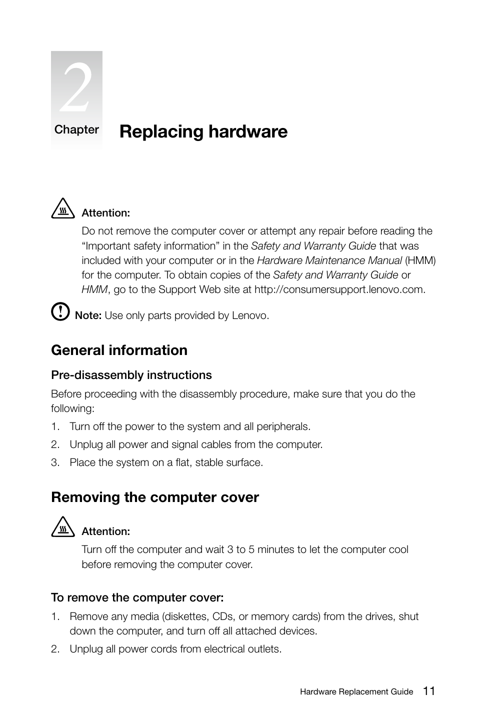 Replacing hardware, General information, Removing the computer cover | Lenovo IdeaCentre K330 User Manual | Page 14 / 39