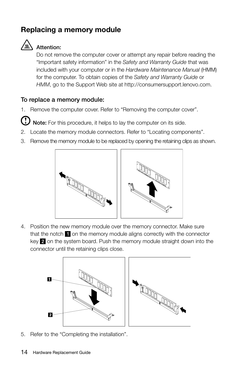 Replacing a memory module | Lenovo IdeaCentre K330 User Manual | Page 17 / 39