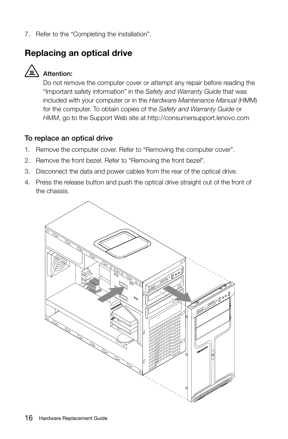 Replacing an optical drive | Lenovo IdeaCentre K330 User Manual | Page 19 / 39