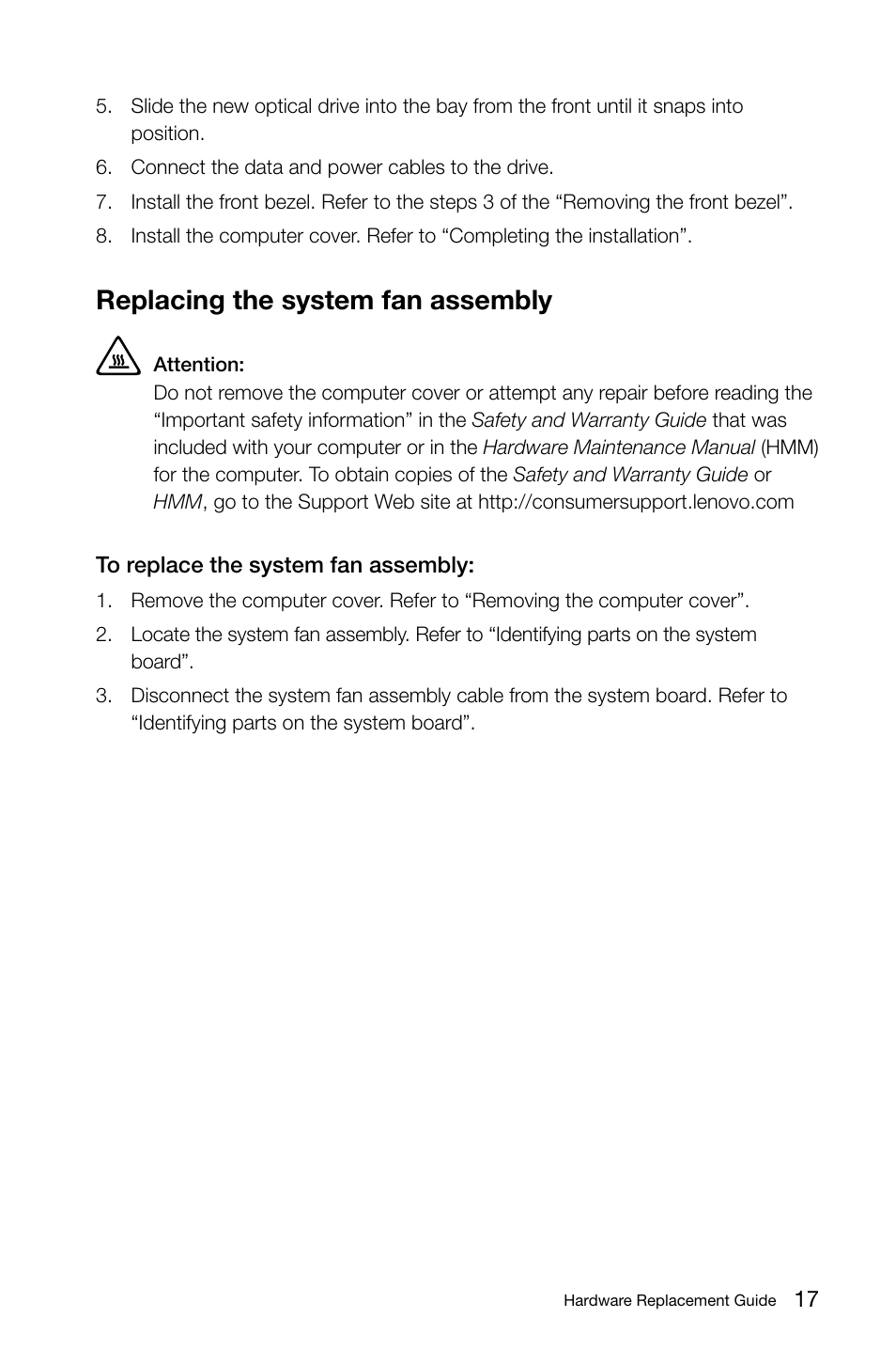 Replacing the system fan assembly | Lenovo IdeaCentre K330 User Manual | Page 20 / 39