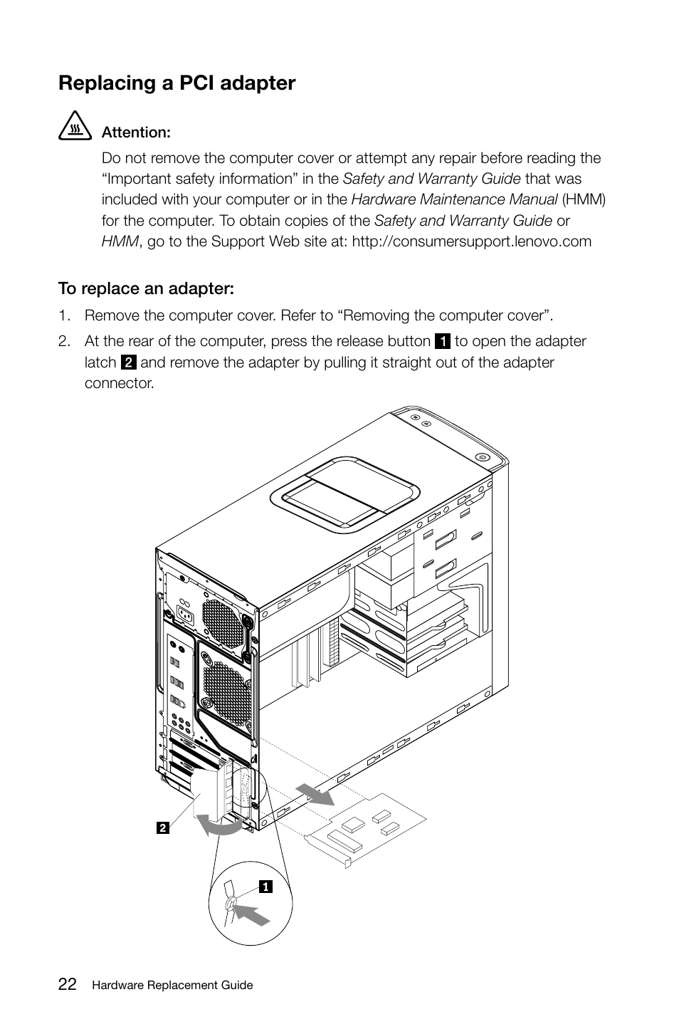 Replacing a pci-e adapter, Replacing a pci adapter | Lenovo IdeaCentre K330 User Manual | Page 25 / 39
