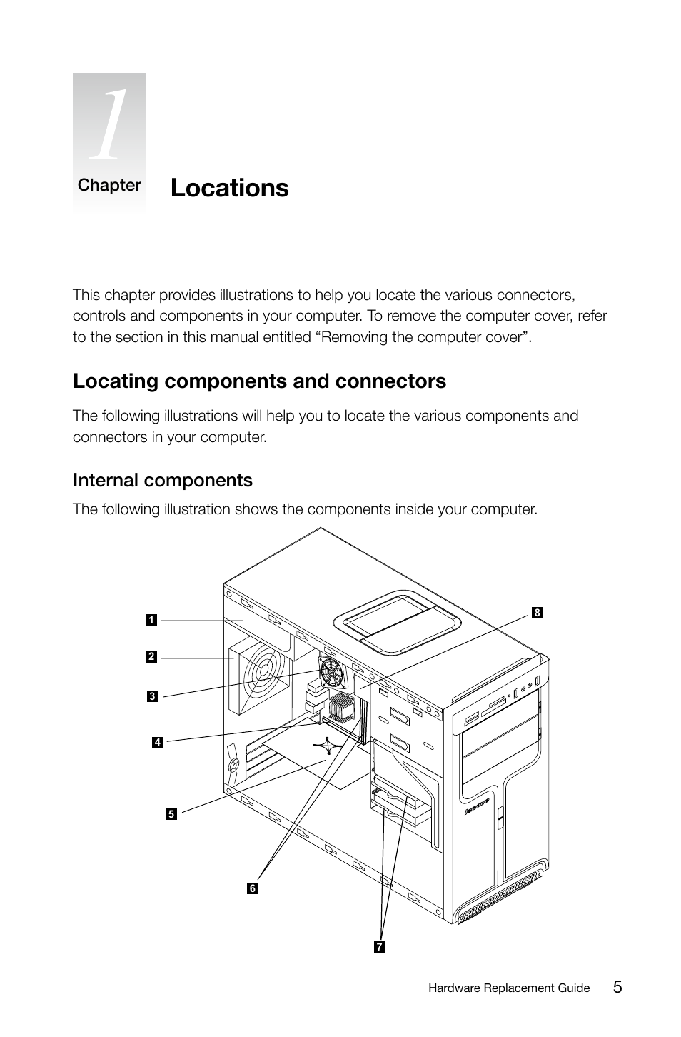 Locations, Locating components and connectors, Internal components | Chapter | Lenovo IdeaCentre K330 User Manual | Page 8 / 39