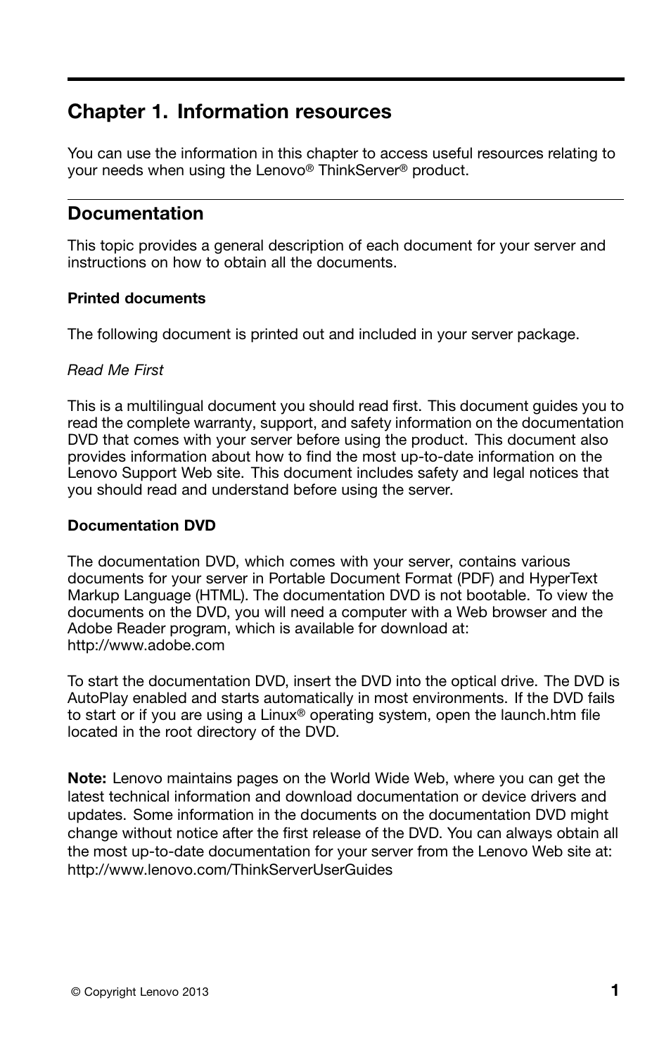 Chapter 1. information resources, Documentation | Lenovo ThinkServer TS440 User Manual | Page 17 / 46
