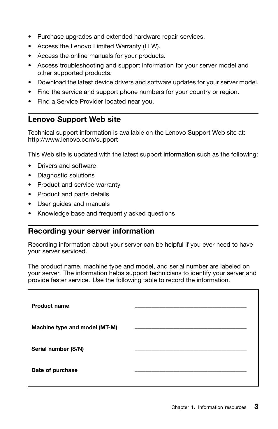 Lenovo support web site, Recording your server information | Lenovo ThinkServer TS440 User Manual | Page 19 / 46